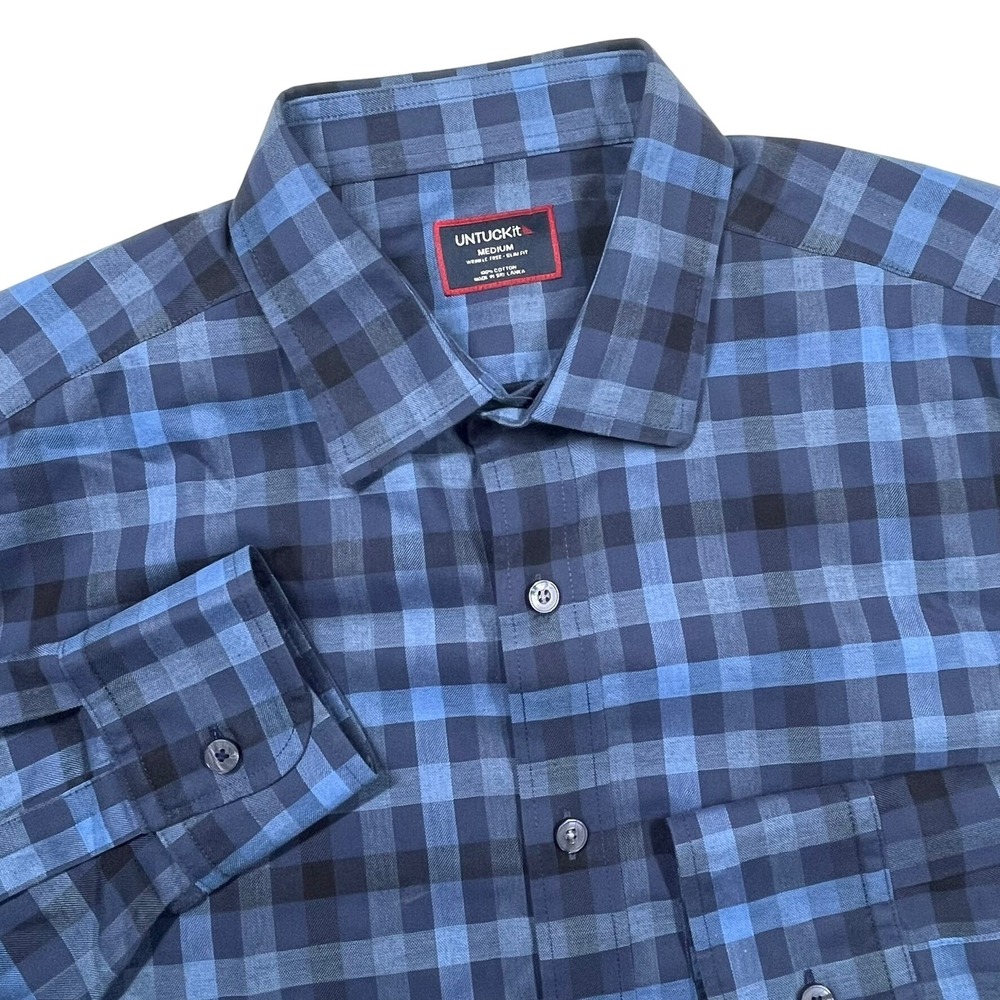 UNTUCKit Walton Button Down Mens Medium Blue Buffalo Check Slim Fit Wrinkle Free